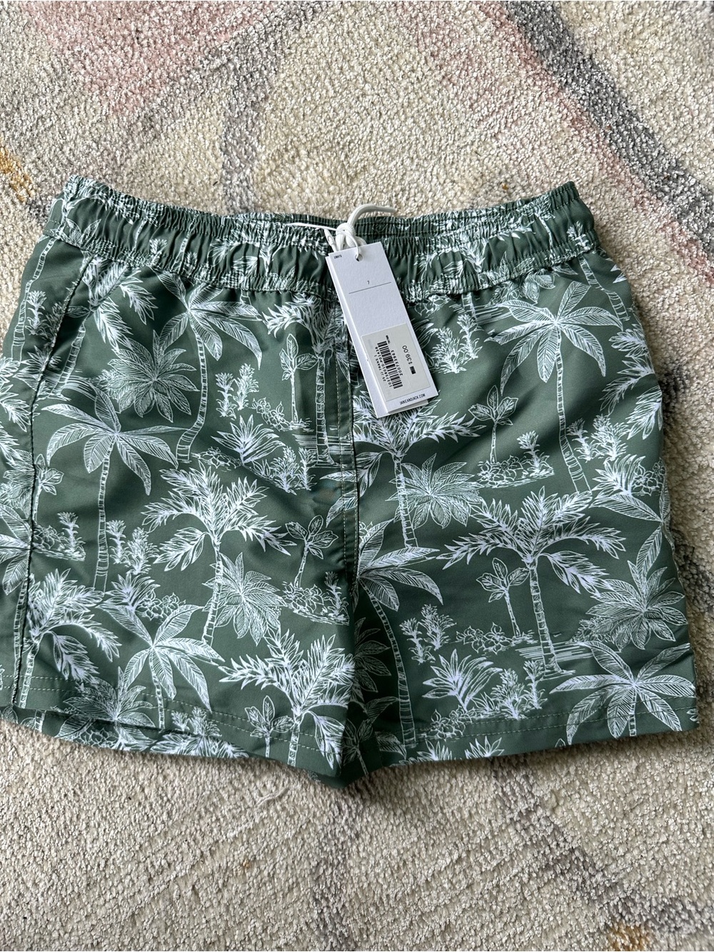 Janie and Jack Olive Green Palm-Print Swim Trunks